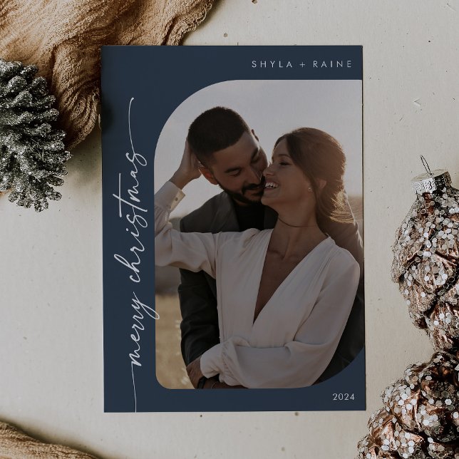 Boho Chic Navy Blue Photo Simple Merry Christmas Holiday Card (Creator Uploaded)