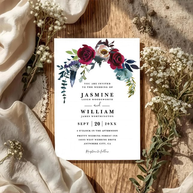 Boho Chic Navy Burgundy Floral QR Code Wedding Invitation (Creator Uploaded)