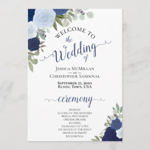 Boho Chic Navy & Dusty Blue Roses Elegant Wedding Program