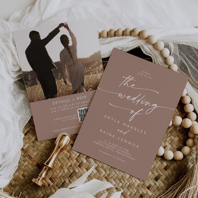 Boho Chic Neutral Taupe Photo QR Code Wedding Invitation (Creator Uploaded)