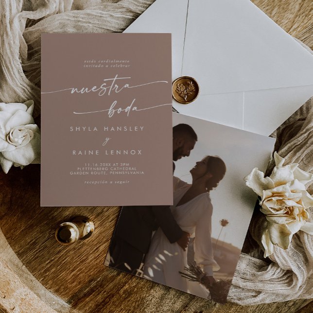 Boho Chic Neutral Taupe Photo Spanish Wedding Invitation (Creator Uploaded)