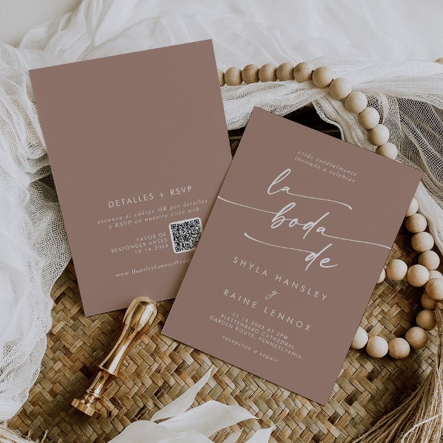 Boho Chic Neutral Taupe QR Code Spanish Wedding Invitation (Creator Uploaded)