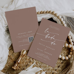 Boho Chic Neutral Taupe QR Code Spanish Wedding Invitation