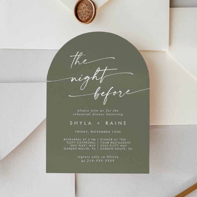 Boho Chic Olive Green Arch Rehearsal Dinner Invitation (Creator Uploaded)