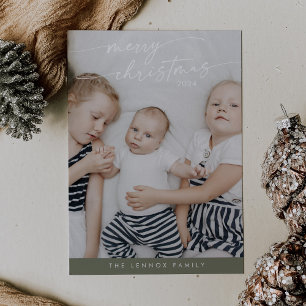 Boho Chic Olive Green Cute Unique Photo Christmas Holiday Card
