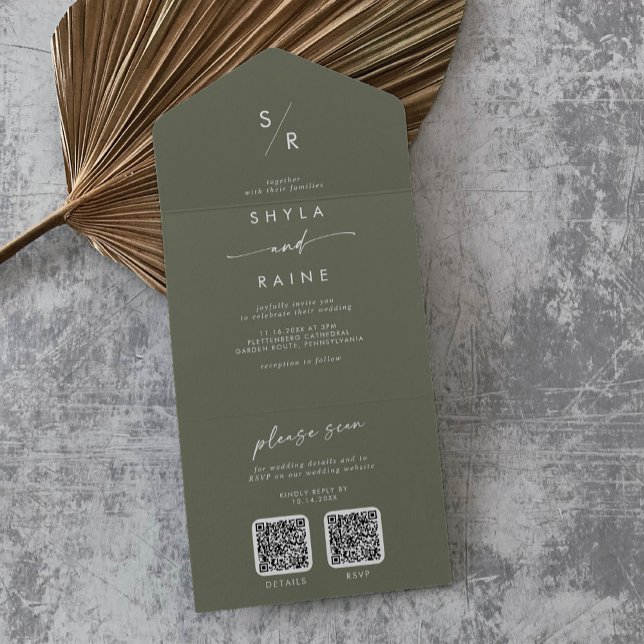 Boho Chic Olive Green Dual QR Code Wedding All In One Invitation (Creator Uploaded)