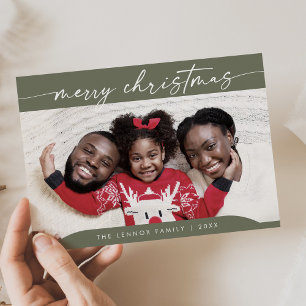 Boho Chic Olive Green Easy Modern Photo Christmas Holiday Card
