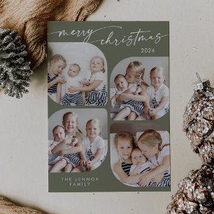 Boho Chic Olive Green Family Multi Photo Christmas Holiday Card