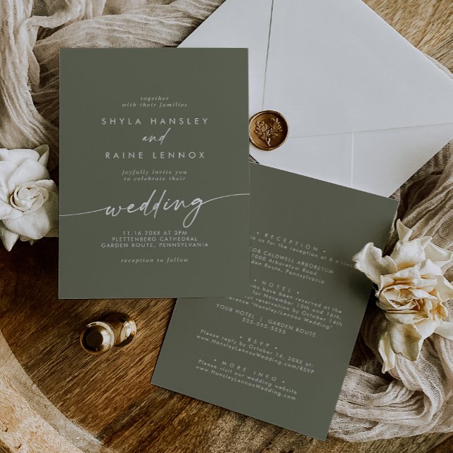 Boho Chic Olive Green Front and Back Wedding Invitation (Creator Uploaded)