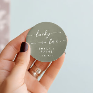 Boho Chic Olive Green Lucky In Love Favour Classic Round Sticker