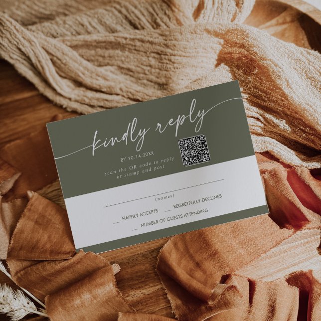 Boho Chic Olive Green Mail In and QR Code RSVP Card (Creator Uploaded)