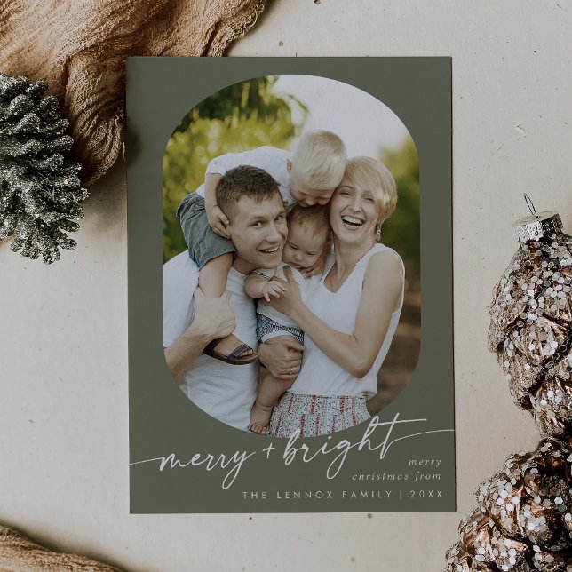 Boho Chic Olive Green Merry Bright Photo Christmas Holiday Card (Creator Uploaded)