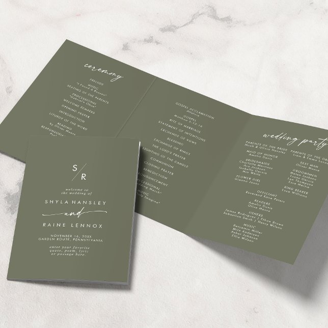 Boho Chic Olive Green Monogram Wedding Tri-Fold Programme (Creator Uploaded)