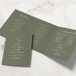 Boho Chic Olive Green Monogram Wedding Tri-Fold Programme<br><div class="desc">This boho chic olive green monogram wedding tri-fold program is perfect for a minimalist wedding. The woodsy dark green earth tone modern bohemian design features simple rustic calligraphy with a unique yet classic style. Personalise your wedding program with your initials, names, wedding date and location, your favourite quote or lyric,...</div>