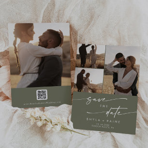 Boho Chic Olive Green Multi Photo QR Code Save The Date