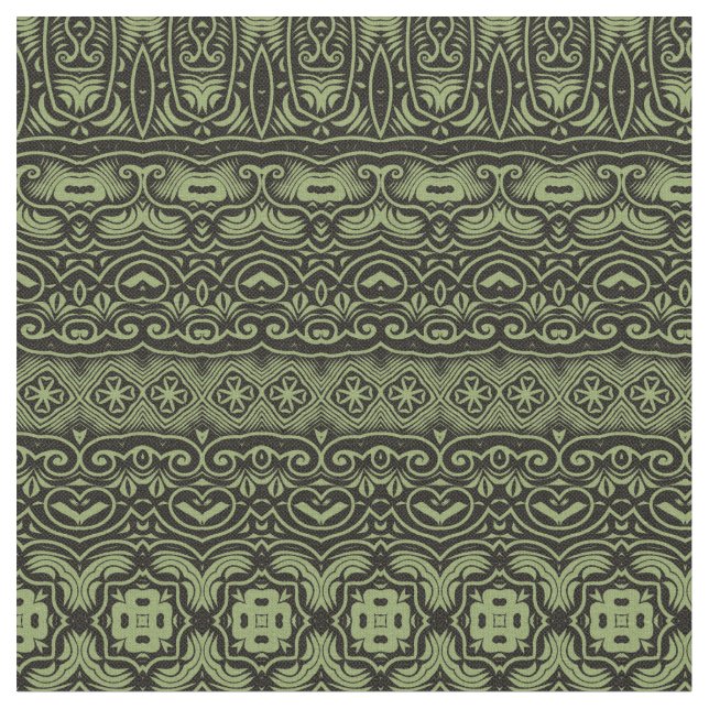 Boho Chic Olive Green Pattern Fabric (Close Up)