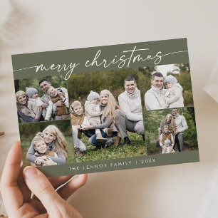 Boho Chic Olive Green Photo Boho Merry Christmas Holiday Card