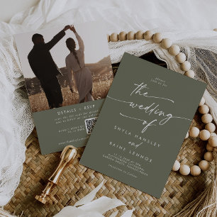 Boho Chic Olive Green Photo QR Code Wedding Invitation