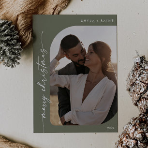 Boho Chic Olive Green Photo Simple Merry Christmas Holiday Card