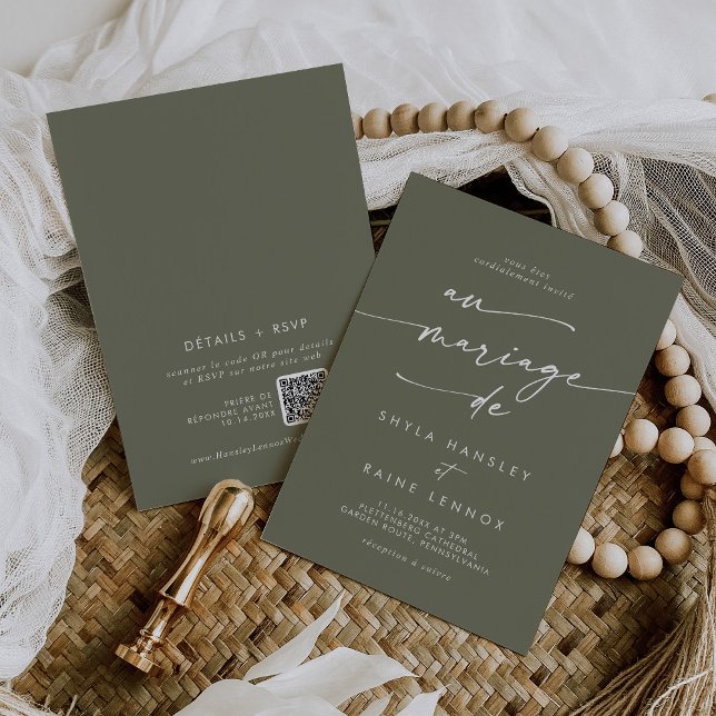 Boho Chic Olive Green QR Code French Wedding Invitation (Creator Uploaded)