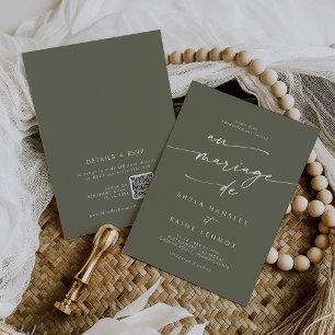 Boho Chic Olive Green QR Code French Wedding Invitation