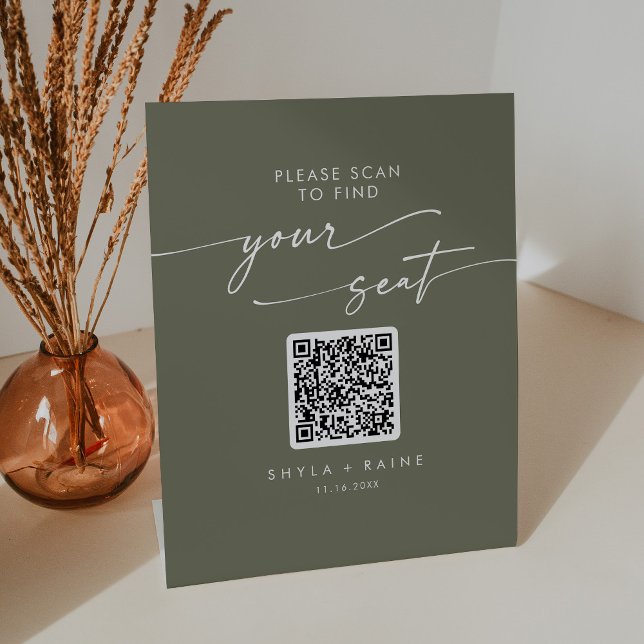 Boho Chic Olive Green Seating Chart QR Code Pedestal Sign (Creator Uploaded)