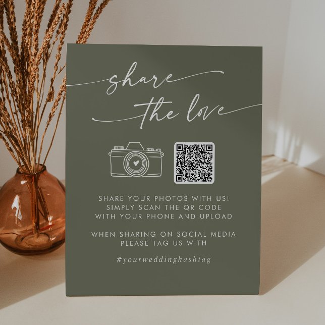 Boho Chic Olive Green Share the Love QR Code Pedestal Sign (Creator Uploaded)