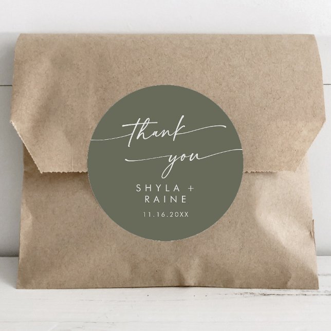 Boho Chic Olive Green Thank You Wedding Favour Classic Round Sticker (Creator Uploaded)