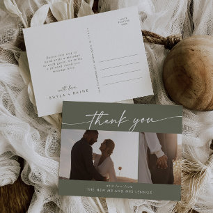 Boho Chic Olive Green Wedding Photo Thank You Postcard