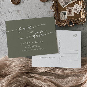Boho Chic Olive Green Wedding Save the Date Invitation Postcard