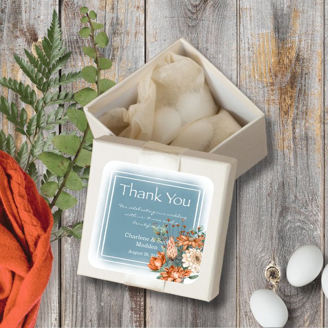 Boho Chic Orange and Cream Flower Smokey Blue Wash Square Sticker (Creator Uploaded)