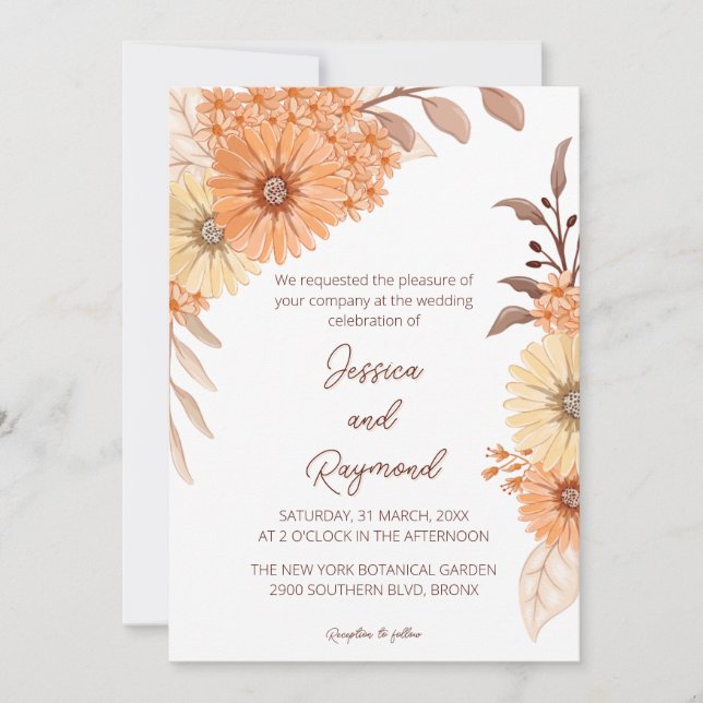 Boho Chic Orange Floral Wedding Invitation (Front)