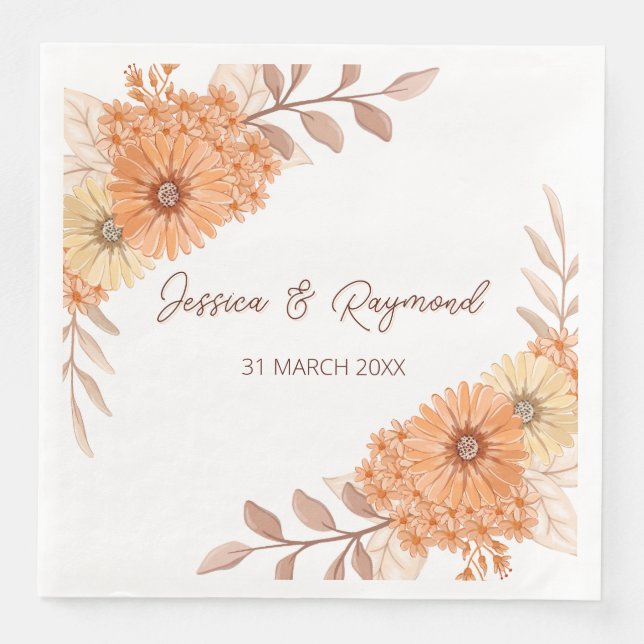 Boho Chic Orange Floral Wedding  Napkin (Front)