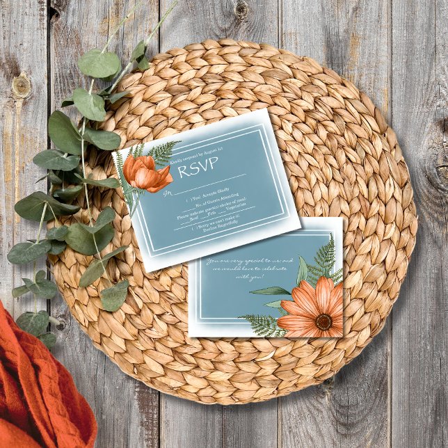 Boho Chic Orange Florals Smokey Blue RSVP (Creator Uploaded)