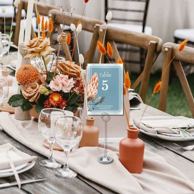 Boho Chic Orange Flower Smokey Blue Wash Table Number (Creator Uploaded)