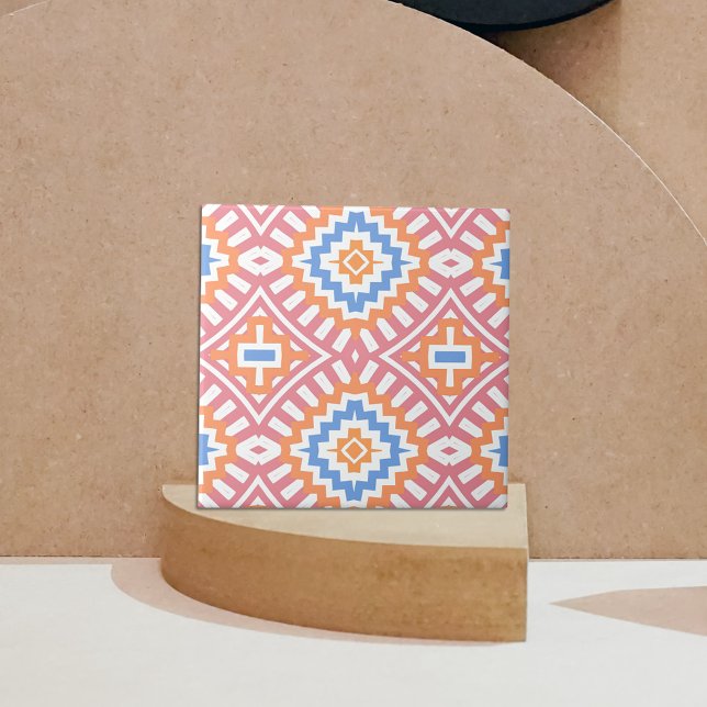 Boho Chic Orange Pink Yellow Ethnic Geometric Ceramic Tile (Creator Uploaded)