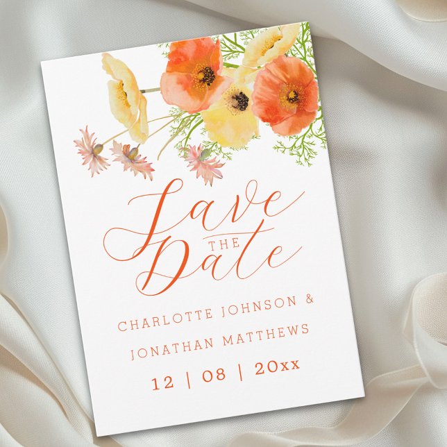 Boho Chic Orange & Yellow Wildflower Wedding Save The Date (Boho chic watercolor wildflower orange & yellow floral wedding save the date card elegant script)