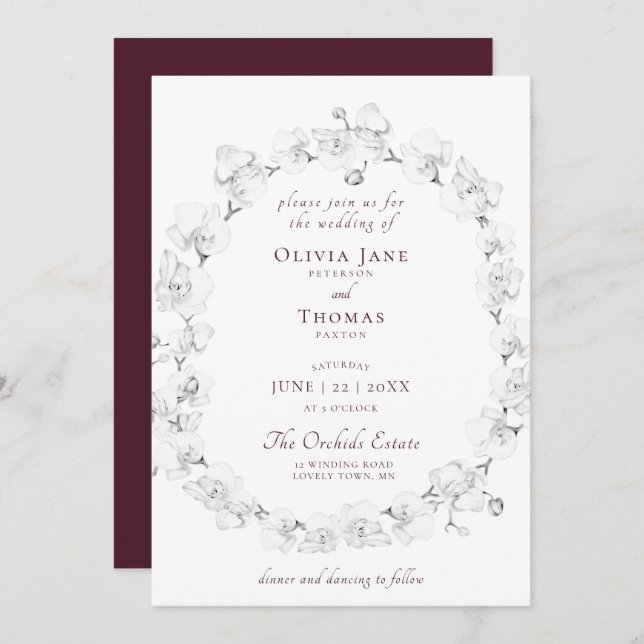 Boho Chic Orchid Floral Wreath Burgundy Wedding Invitation (Front/Back)