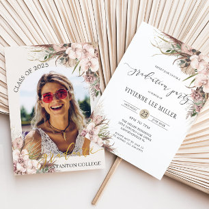 Boho Chic Pampas Grass Orchid Floral Graduation Invitation