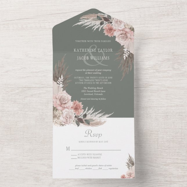 Boho Chic Pampas Grass Sage Green Floral Wedding All In One Invitation (Inside)