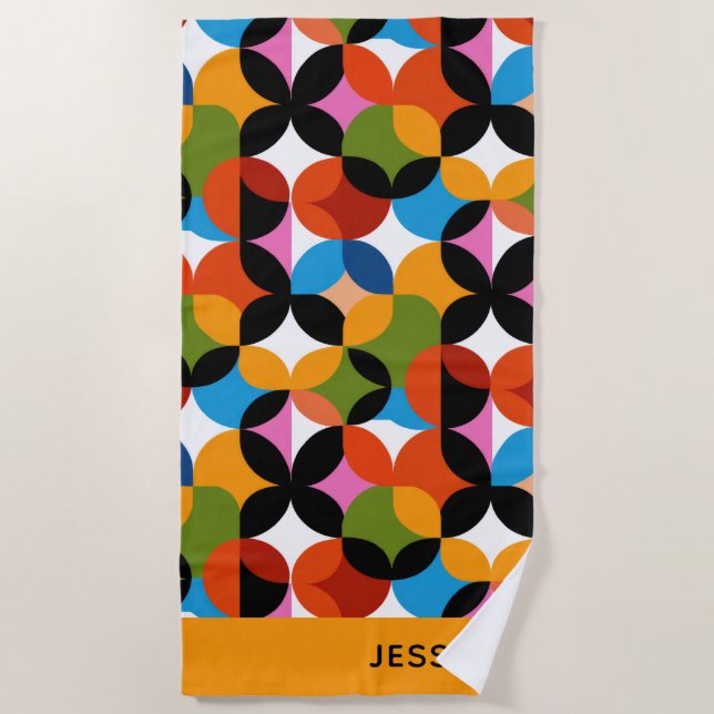 BOHO Chic Pattern Vibrant Mid Century Modern Name  Beach Towel (Front)