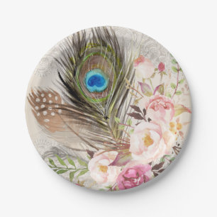 Boho Chic Peacock Feather and Roses Paper Plate