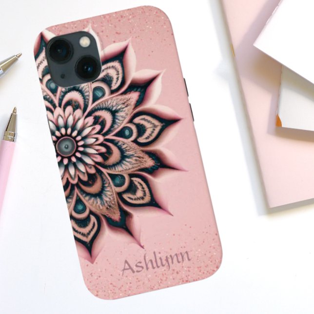 Boho Chic Personalised Floral Mandala Rose Gold  Case-Mate iPhone Case (Boho Chic Add Your Name Personalized Blush Pink, Rose Gold Glitter with Floral Mandala Painting)