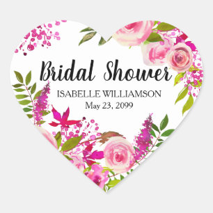 Boho Chic Pink Floral Bridal Shower Heart Sticker