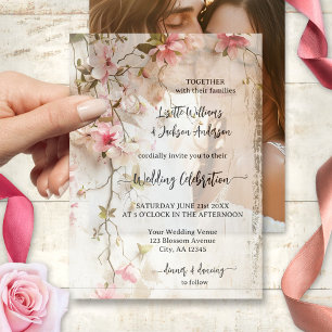 Boho Chic Pink Floral Elegant Wedding Vellum Invitations