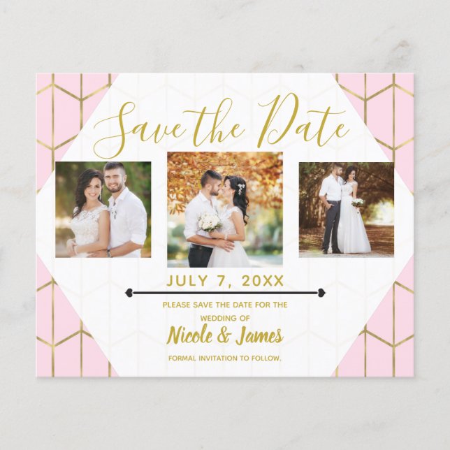 Boho Chic Pink Hexagon Gold Geometric Save Date (Front)