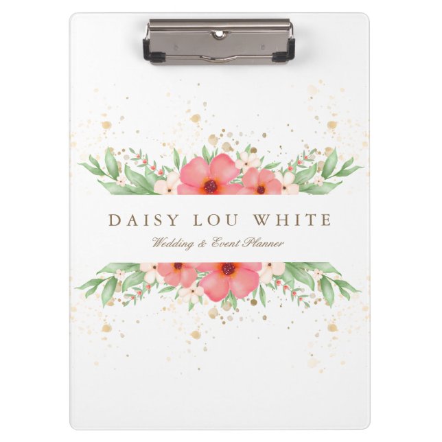 Boho Chic Pink & Ivory Greenery Floral Business Clipboard (Front)