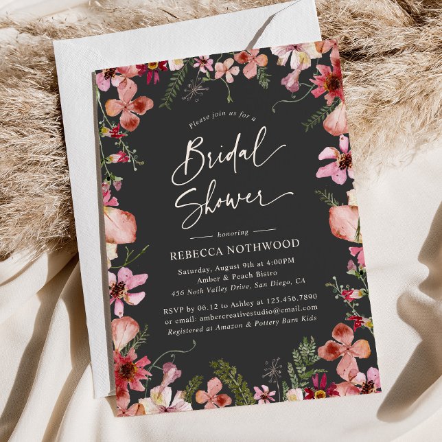 Boho Chic Pink Pressed Florals Grey Bridal Shower Invitation (Creator Uploaded)