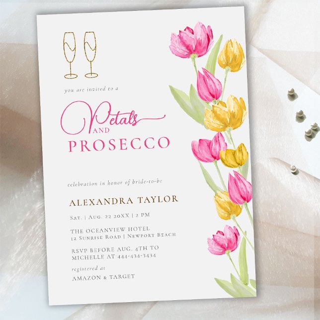 Boho Chic Pink Yellow Tulips Gold Petals Prosecco Invitation (Creator Uploaded)