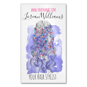 Boho Chic Purple Bride Hairstyle Watercolor Floral Magnetic Business Card